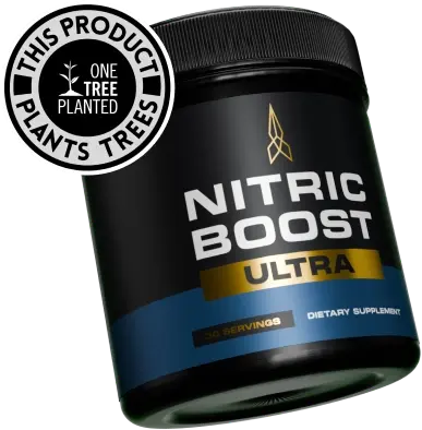 Black Nitric Boost Ultra supplement jar standing upright, with a 'One Tree Planted' seal in the top-left corner and '20 servings' printed on the label