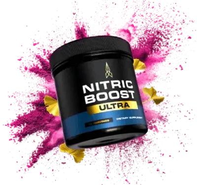 Nitric Boost Ultra jar surrounded by a burst of pink powder and golden ginkgo biloba leaves